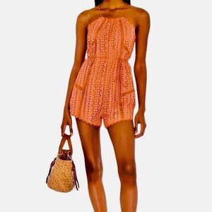 Amuse Society Tina Woven Eyelet Romper in Apricot Orange Women’s S